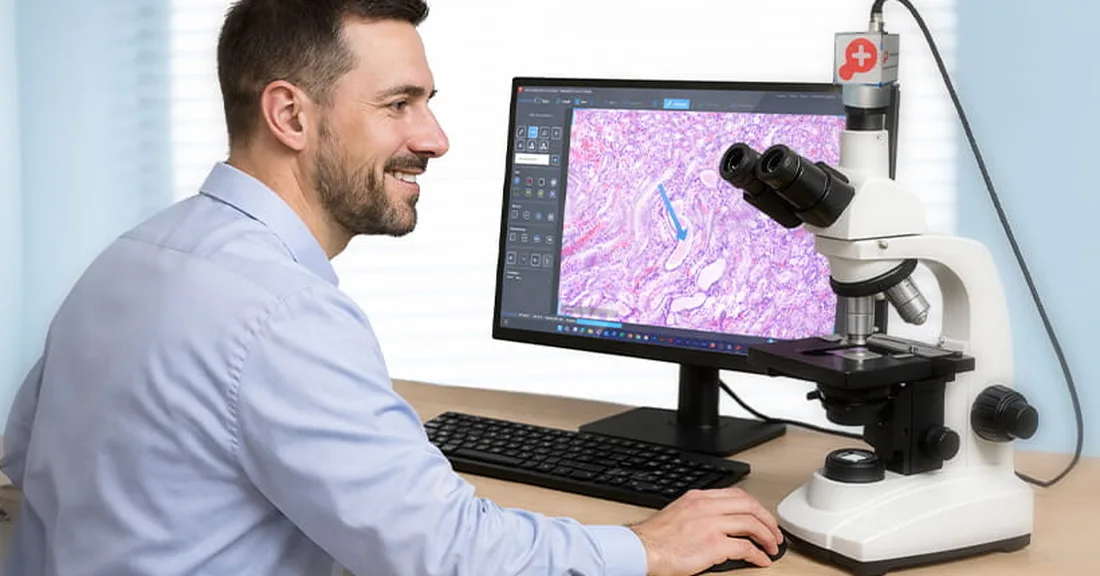 PathoZoom Scan & LiveView camera fitted to a standard microscope, H&E section on the monitor